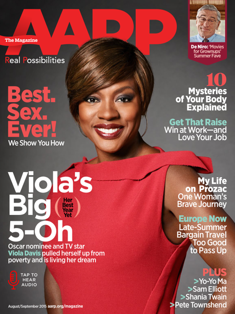 AARP the Magazine, August/September 2015. Viola Davis photographed by Robert Trachtenberg/Trunk Archive. 
